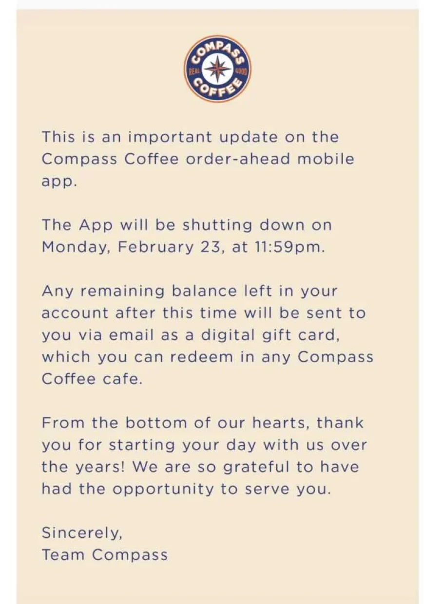 Compass Coffee App to Shut Down on Monday
