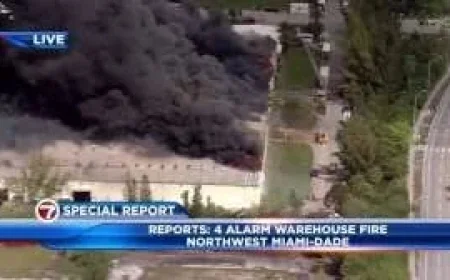 Fire near Florida Turnpike: 5-alarm warehouse blaze forces NW 47th Avenue shutdown and hazmat command post