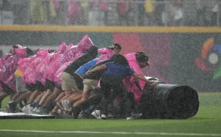 Canada Vs Puerto Rico Baseball Delayed by Rain — A Pool A Test Under the Lights