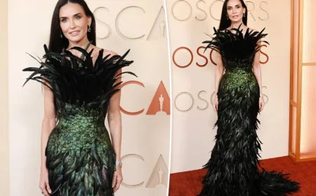 Demi Moore goes full peacock in feathered fashion on Oscars 2026 red carpet