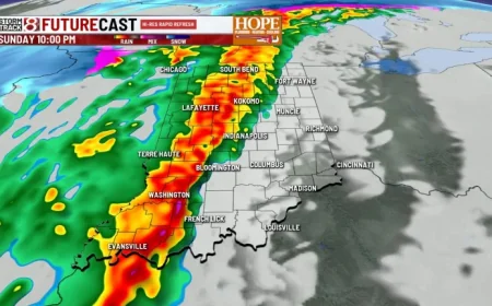 Live Weather and the Indiana night that flips from 50-mph winds to snow by Monday