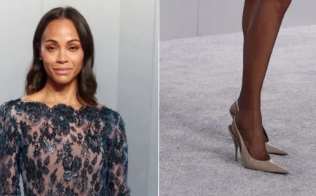 Zoe Saldana Pairs Her Second Lace Look of Oscars Night With Saint Laurent Slingbacks at the Vanity Fair Party