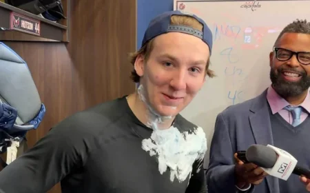 Tom Wilson Hits Cole Hutson with Pie After His First NHL Goal