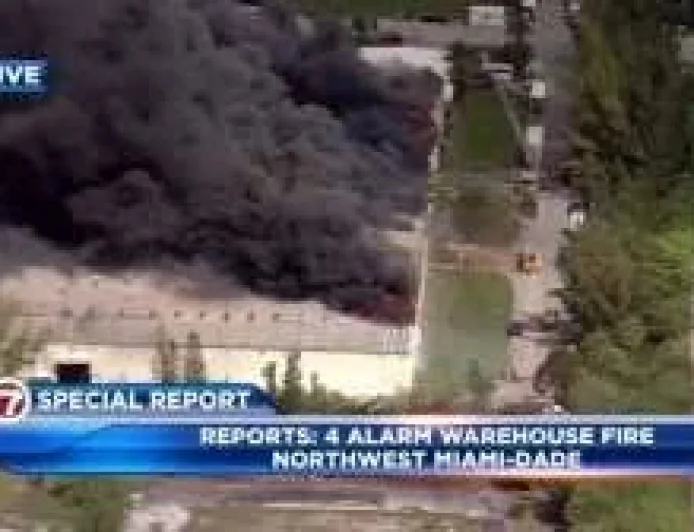 Fire near Florida Turnpike: 5-alarm warehouse blaze forces NW 47th Avenue shutdown and hazmat command post