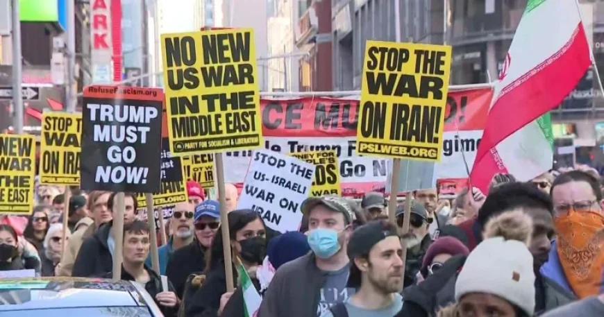 Thousands Rally in Times Square Against Military Strikes in Iran