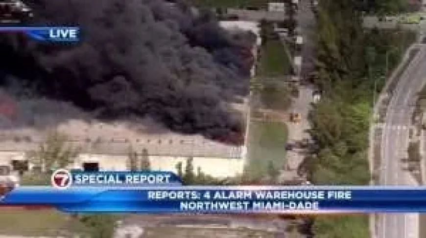 Fire near Florida Turnpike: 5-alarm warehouse blaze forces NW 47th Avenue shutdown and hazmat command post