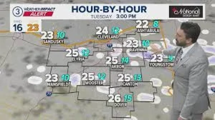 Ohio faces an inflection point as strong winds tonight push lake-effect snow into Tuesday (ET)