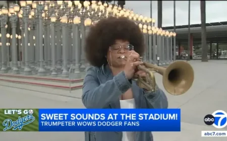 Channel 7 Live: Trumpeter Tatiana Tate’s surprise ‘Narco’ performance amps up fans during Edwin Diaz’s Dodgers debut