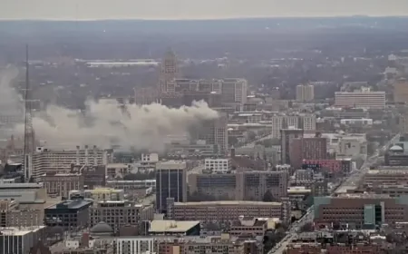 Wayne State Fire as crews respond to a blaze at the historic Maccabees Building