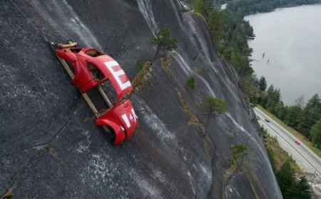 Prank Leaves Car Shell Hanging on Cliff Above British Columbia Highway