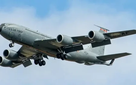 Boeing Kc-135 Stratotanker lands in UK with shrapnel patches visible