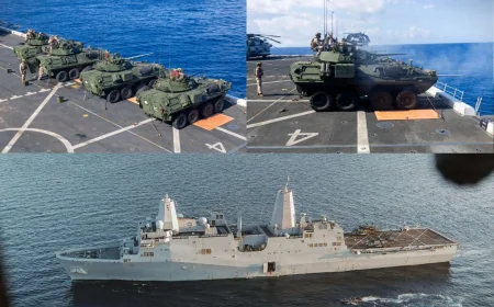 U.S. Marines Fire LAV-25 From USS Portland Deck Off Guam