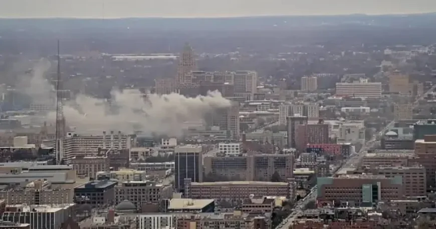 Wayne State Fire as crews respond to a blaze at the historic Maccabees Building