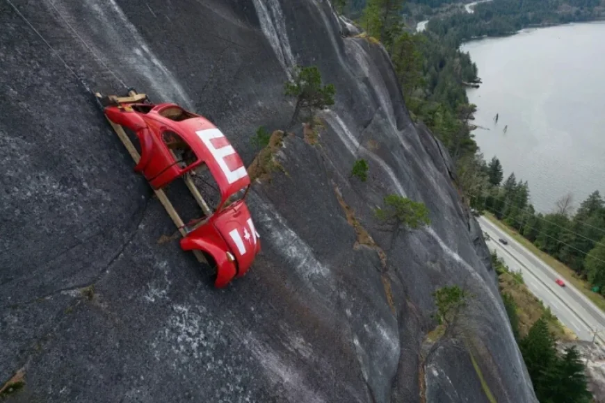 Prank Leaves Car Shell Hanging on Cliff Above British Columbia Highway