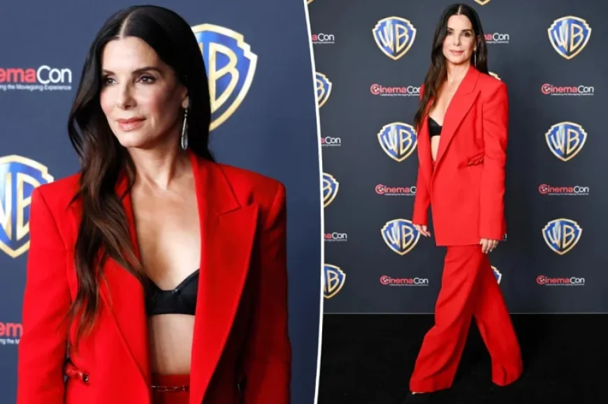 Sandra Bullock Stuns in Bold Red Pantsuit at CinemaCon 2026 Red Carpet