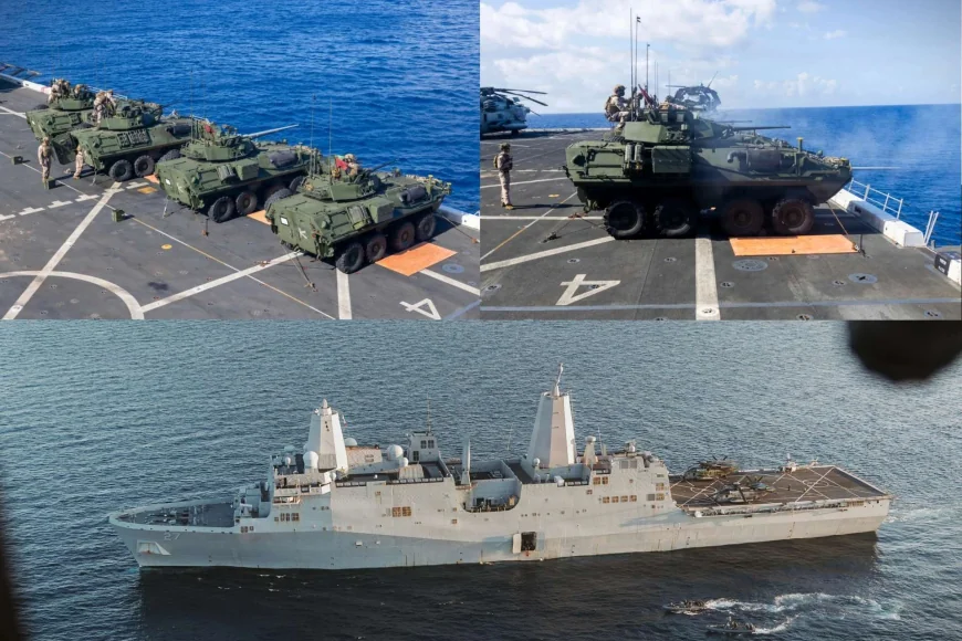 U.S. Marines Fire LAV-25 From USS Portland Deck Off Guam