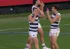 Shaun Mannagh channels Akermanis celebration in Geelong's 54-point win