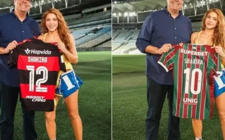 Shakira gets Flamengo and Fluminense jerseys before Copacabana