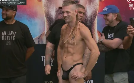 Lance McDonald weighs 68.76kg in black g-string before Rahim Mundine bout