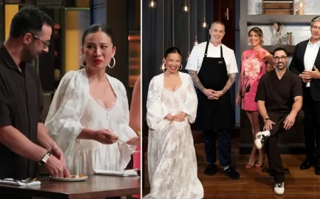 Poh Sparks Debate in White Lace Slip Dress on Masterchef Judges