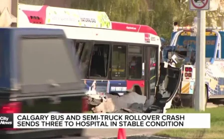 Calgary Transit bus rollover sends three to hospital after semi-truck crash