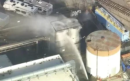 Orange County firefighters cool Garden Grove tank after methyl methacrylate leak
