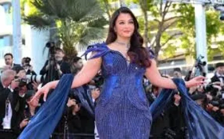 Aishwarya Rai Arrives in Cannes in Metallic Blue Dress