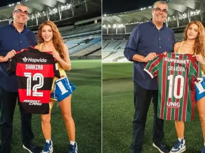 Shakira gets Flamengo and Fluminense jerseys before Copacabana