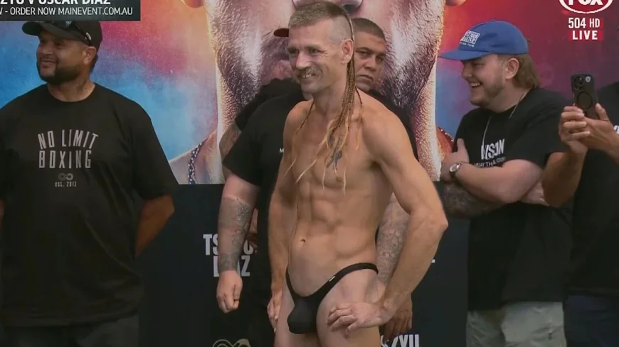 Lance McDonald weighs 68.76kg in black g-string before Rahim Mundine bout