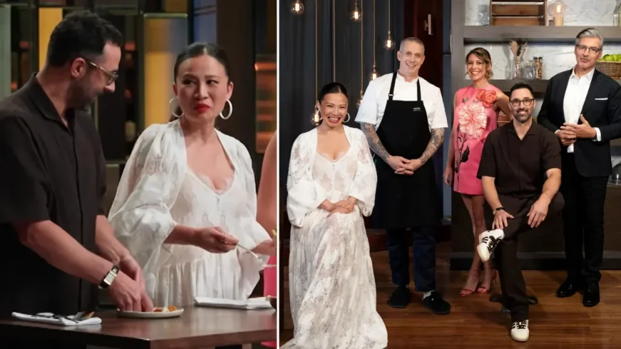 Poh Sparks Debate in White Lace Slip Dress on Masterchef Judges