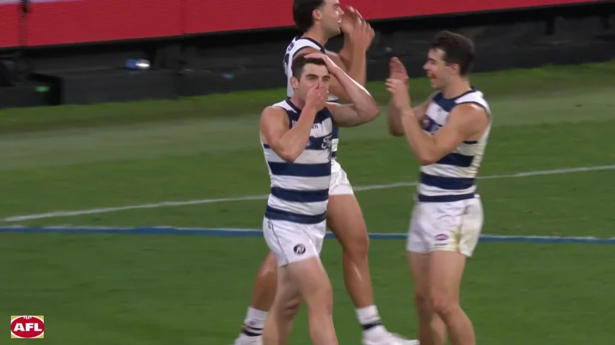 Shaun Mannagh channels Akermanis celebration in Geelong's 54-point win