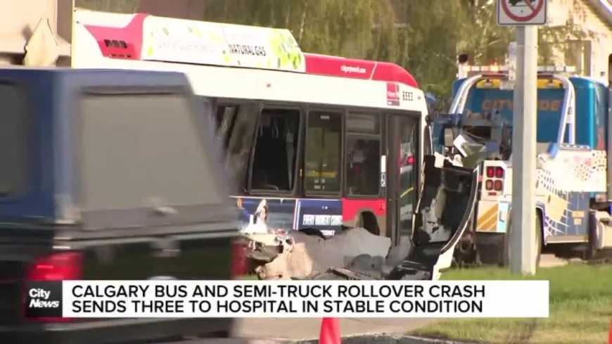 Calgary Transit bus rollover sends three to hospital after semi-truck crash